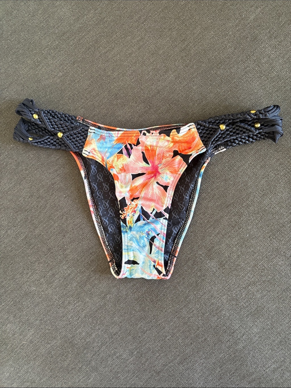 Victoria's Secret Floral Orange Pink Blue Bikini Bottom with Black Braided Sides